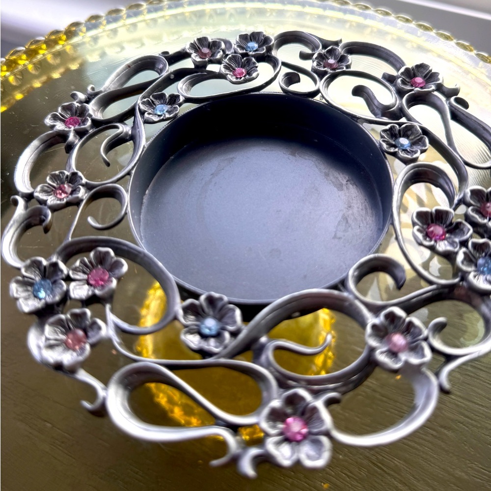 Sold Partylite P7474 Jeweled Pillar Candle Holder Metal Scrollwork Floral